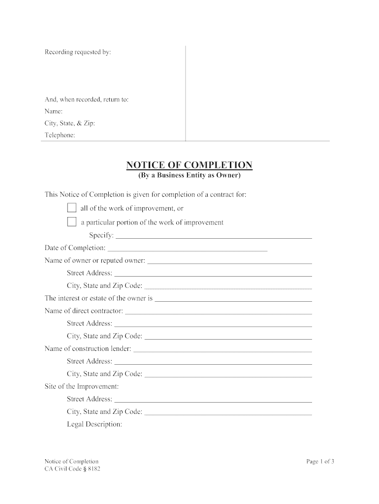 Notice of Completion California  Form