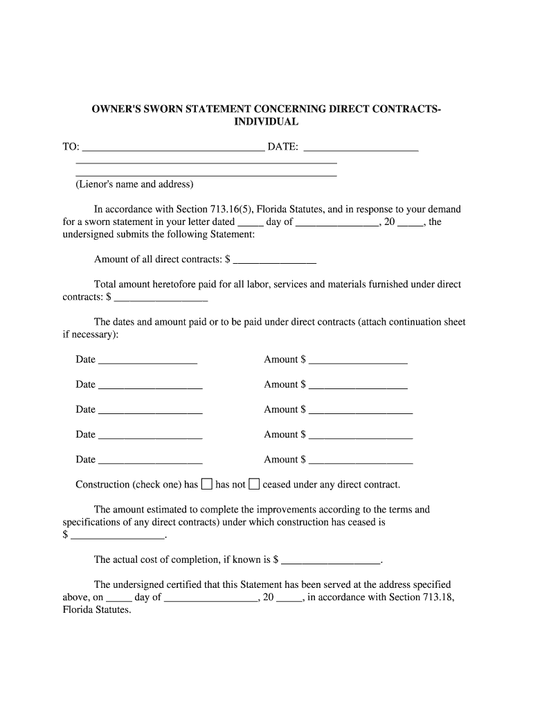 Sworn Statement of Account Florida  Form