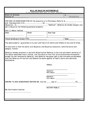 Arizona Bill of Sale for Automobile or Vehicle Including Odometer Statement and Promissory Note  Form