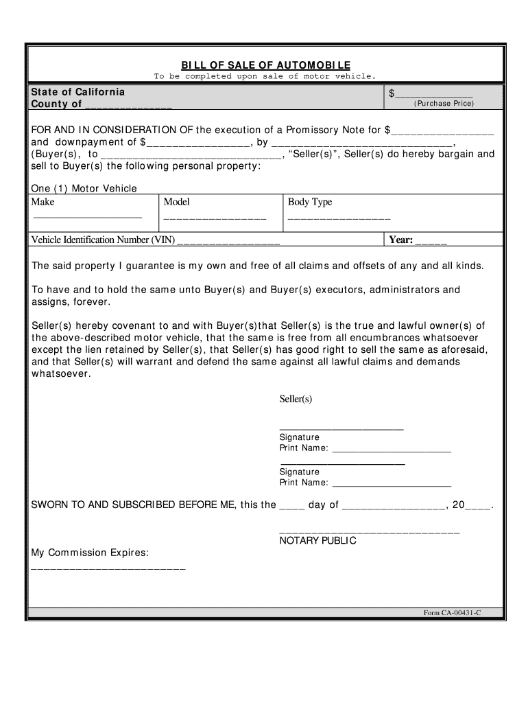 California Bill of Sale for Automobile or Vehicle Including Odometer Statement and Promissory Note  Form