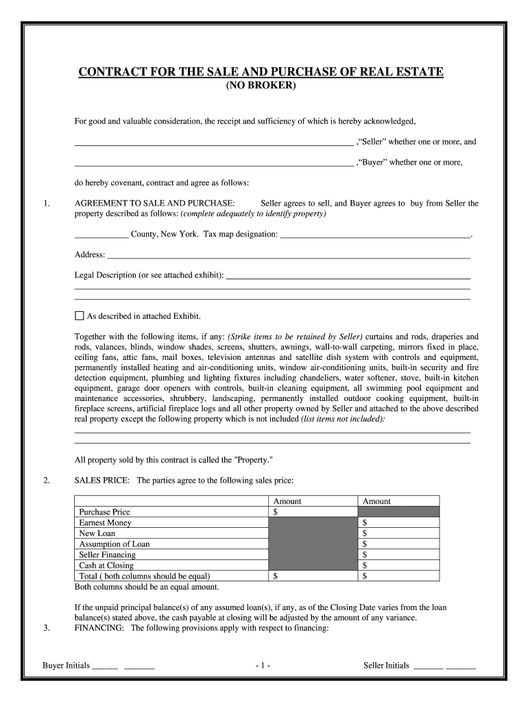 New York Contract for Sale and Purchase of Real Estate with No Broker for Residential Home Sale Agreement  Form