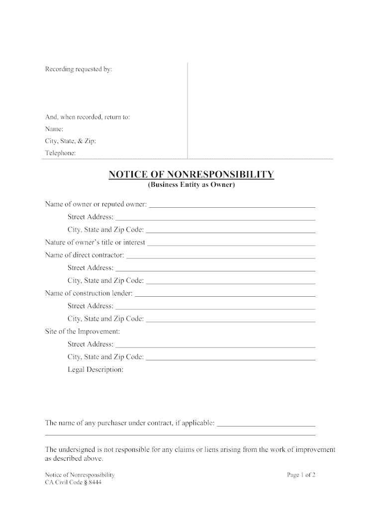 Notice of Non Responsibility California 8444 Form