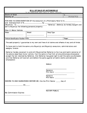 Utah Bill of Sale in Consideration of Example  Form