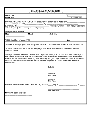 Bill of Sale for Car Illinois  Form