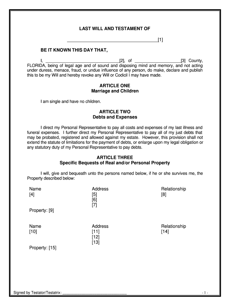 Florida Legal Last Will and Testament Form for Single Person with No Children