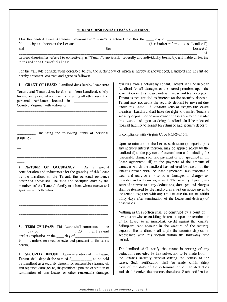 Virginia Residential Rental Lease Agreement  Form