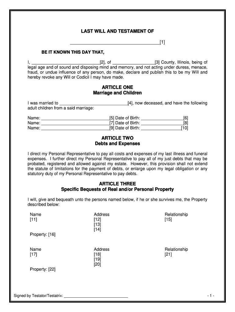 Last Will and Testament Template Illinois  Form