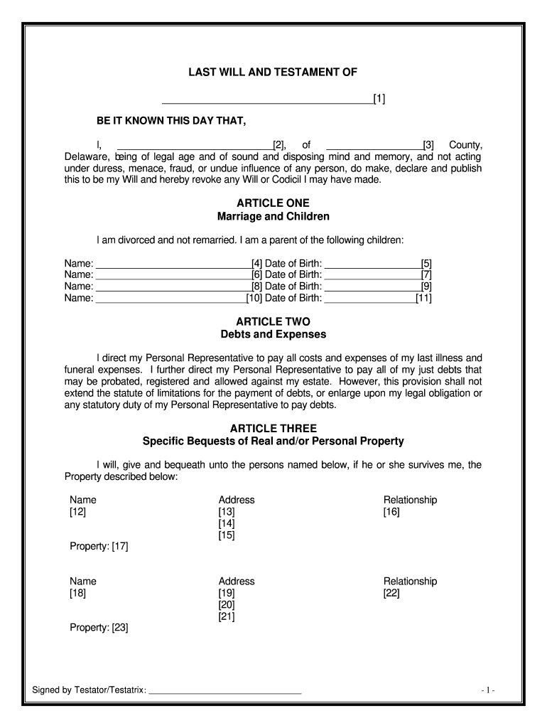 Delaware Legal Last Will and Testament Form for Divorced Person Not Remarried with Adult and Minor Children