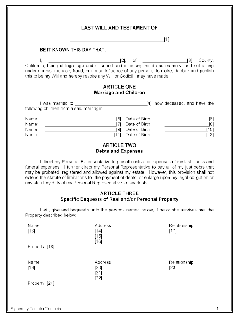 Printable Last Will and Testament Forms California