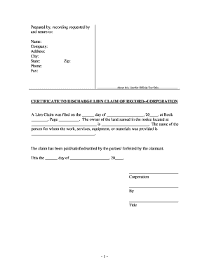 New Jersey Certificate to Discharge Lien Claim of Record Mechanic Liens for Corporation  Form