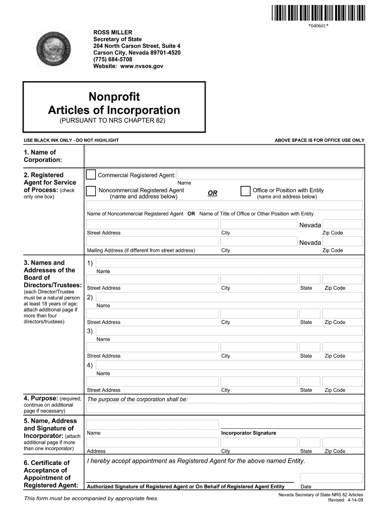  Nevada Articles of Incorporation for Domestic Nonprofit Corporation 2009