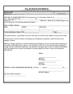 Bill of Sale for Car Maryland  Form