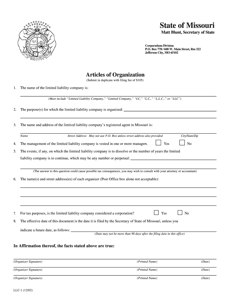 Missouri Articles of Organization for Domestic Limited Liability Company LLC  Form