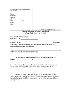 Tennessee Notice of Lien Individual  Form