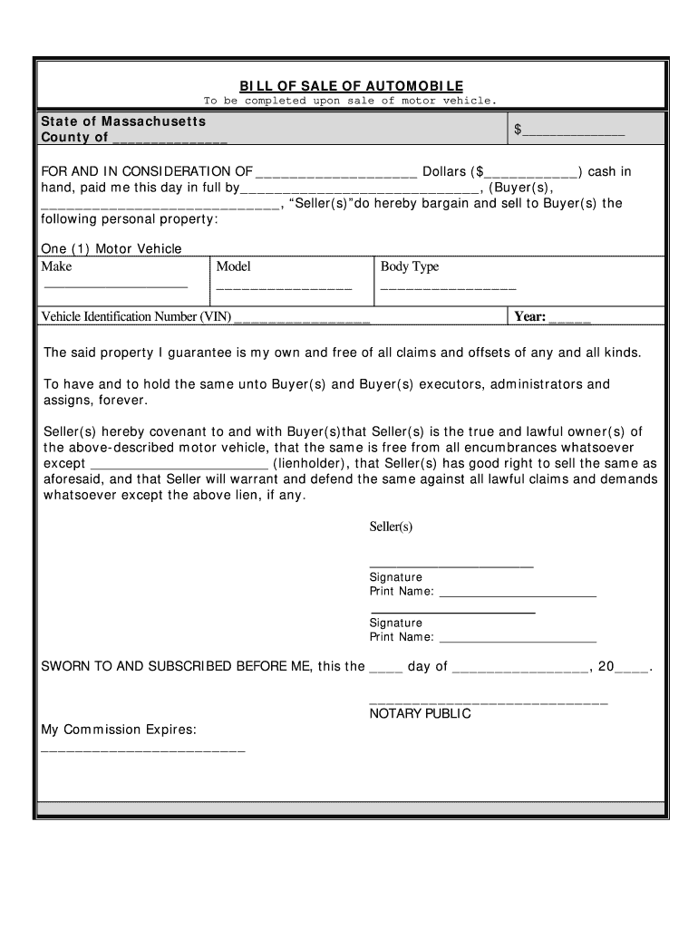 Massdot Vehicle Bill of Sale  Form