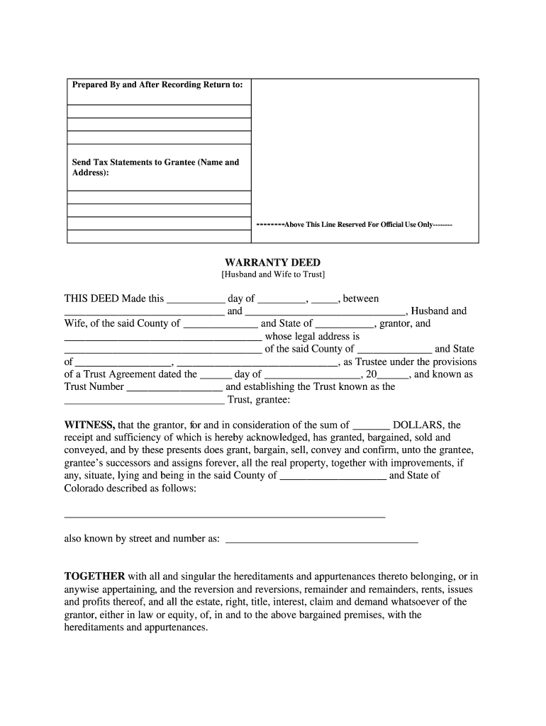 Colorado Warranty Deed for Husband and Wife to Trust  Form