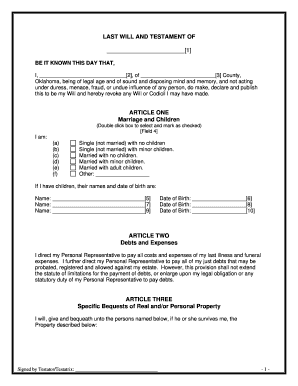 Oklahoma Last Will and Testament for Other Persons  Form