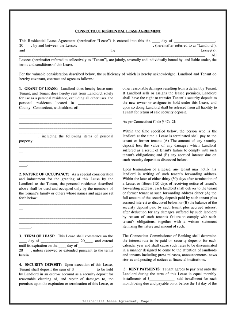 Connecticut Residential Lease Agreement  Form