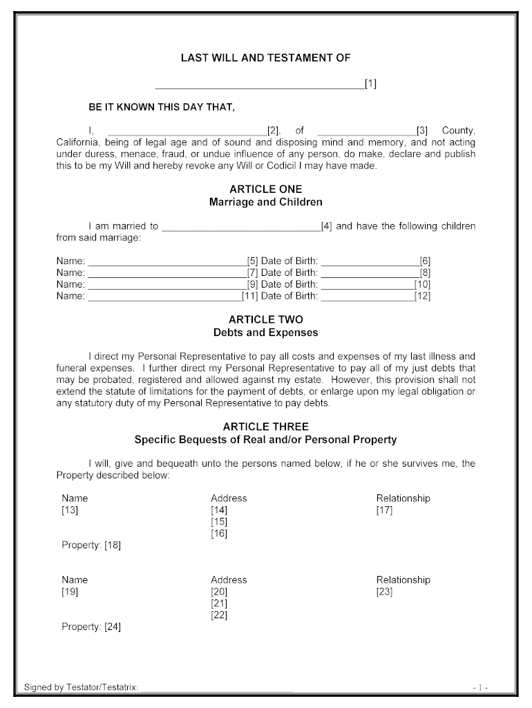 California Legal Last Will and Testament Form for Married Person with Minor Children