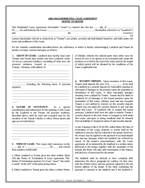 Arkansas Residential Lease or Rental Agreement for Month to Month  Form