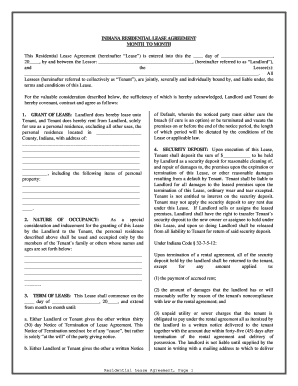 Indiana Residential Lease or Rental Agreement for Month to Month  Form