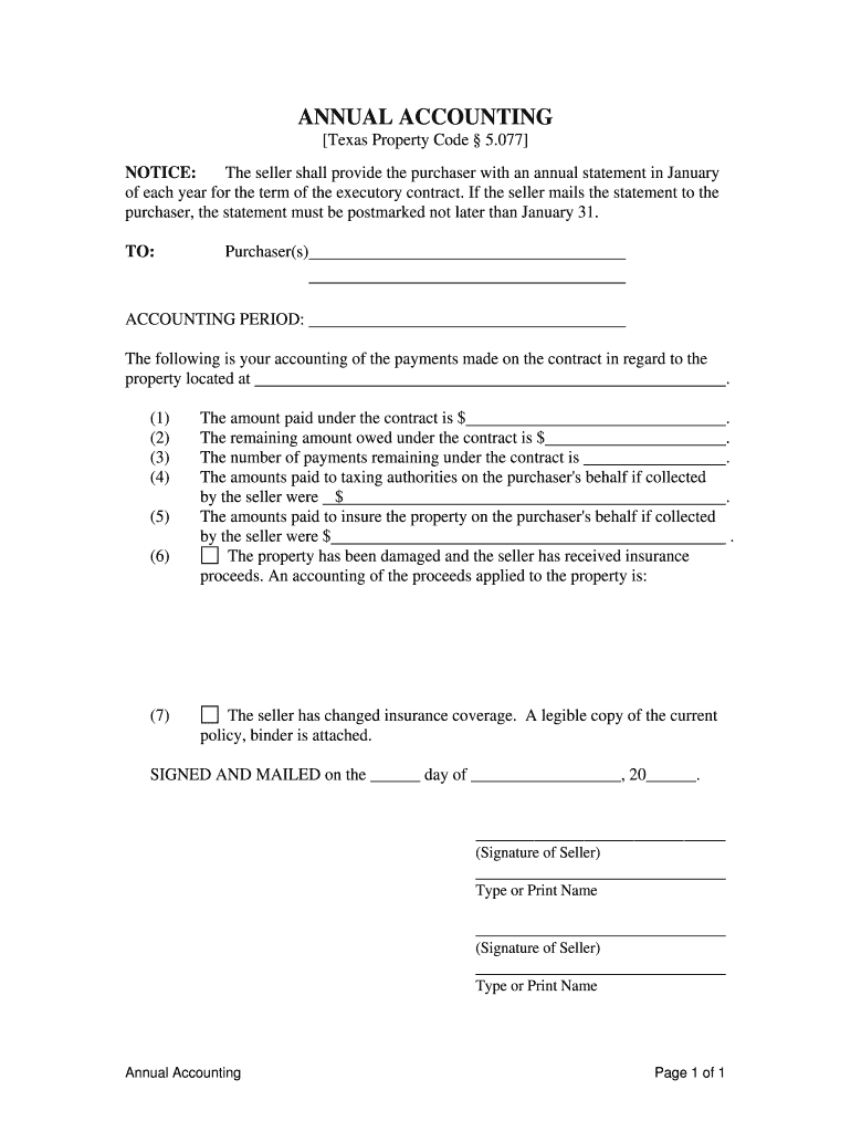 Texas Contract for Deed Seller&#039;s Annual Accounting Statement to Purchaser Residential Land Contract, Executory Contract  Form