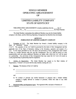 Kentucky Single Member Limited Liability Company LLC Operating Agreement  Form