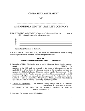 Minnesota Limited Liability Company LLC Operating Agreement Form