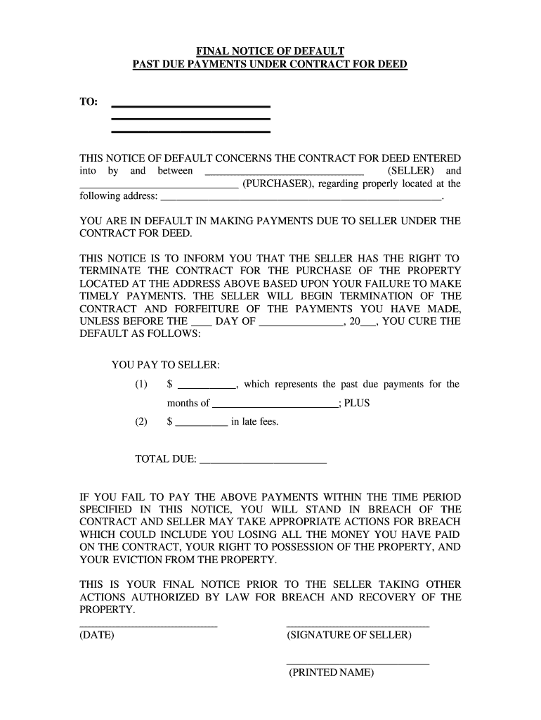 Florida Final Notice of Default for Past Due Payments in Connection with Contract for Deed  Form