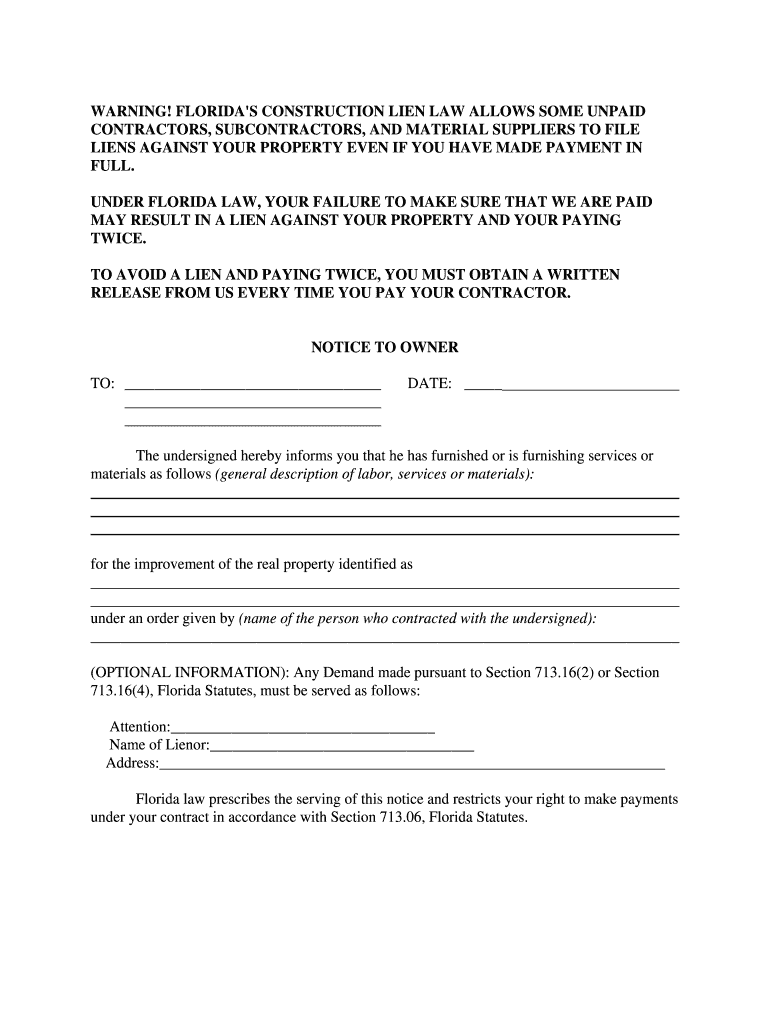 Get and Sign Blank Notice to Owner Form Florida 