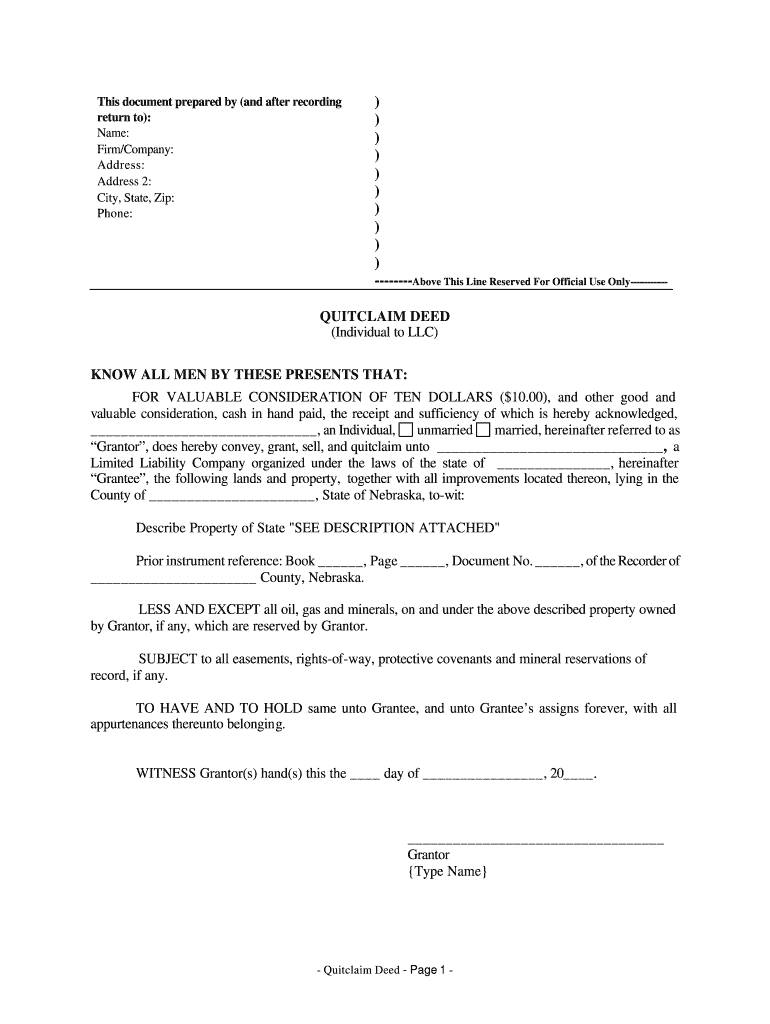 Nebraska Quitclaim Deed from Individual to LLC  Form