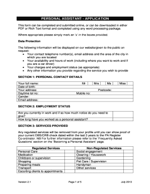  Personal Assistant Application Form 2013