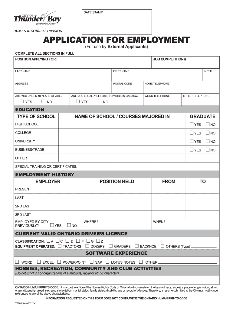  APPLICATION for EMPLOYMENT  City of Thunder Bay  Thunderbay 2012