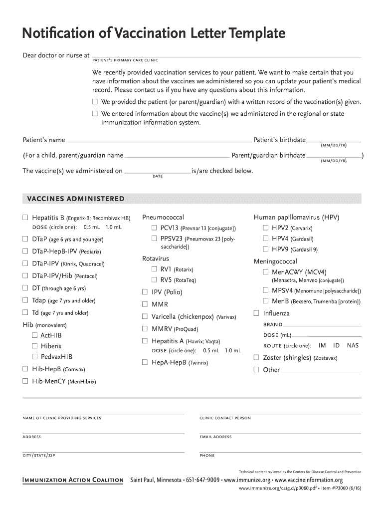  Notification of Vaccination Letter  Form 2012