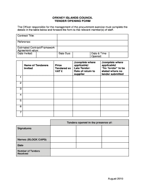 Tender Register Format