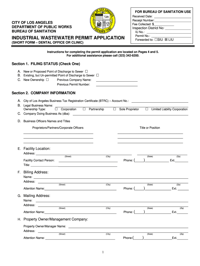Dental Permit Application  Bureau of Sanitation  Lacitysan  Form