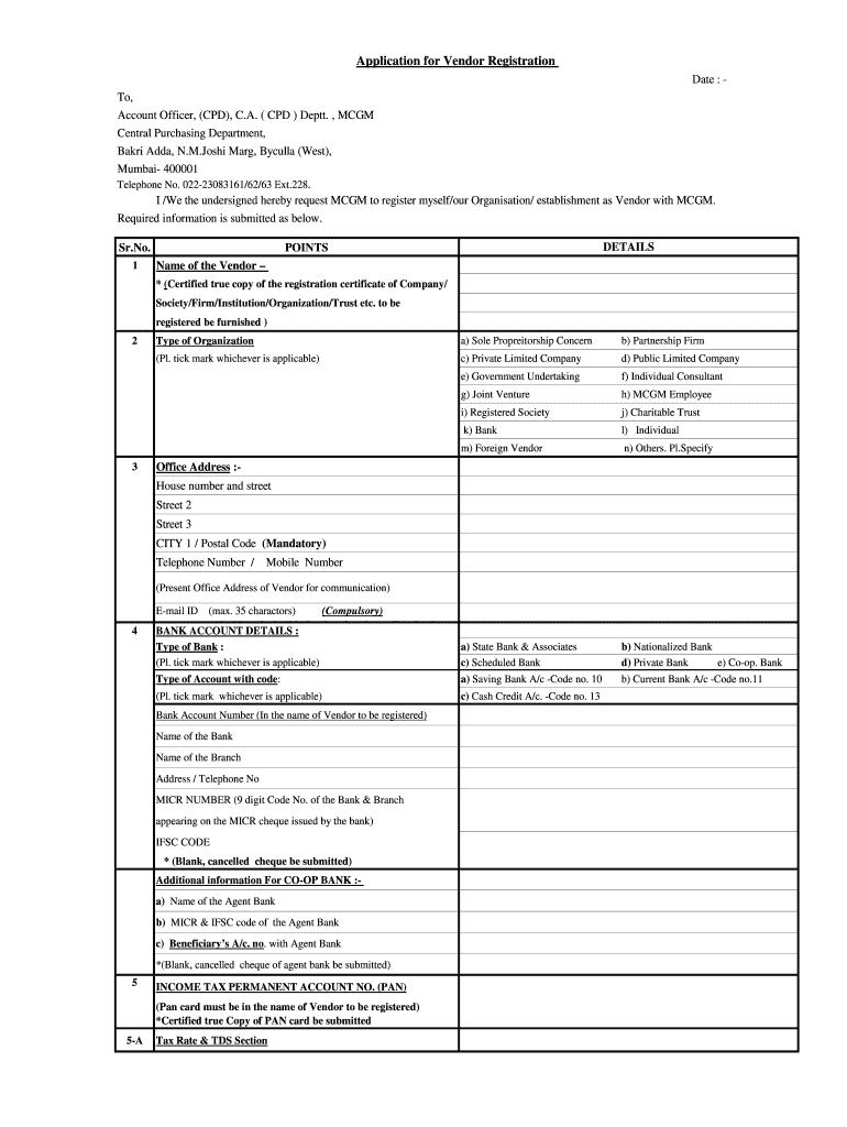 Mcgm Vendor Registration  Form