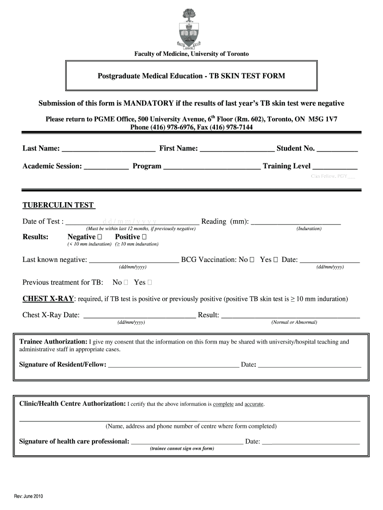  TB Skin Test Form Post Graduate Medical Education University of 2010