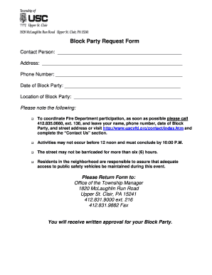 Block Party Request Form Township of Upper St Clair Twpusc