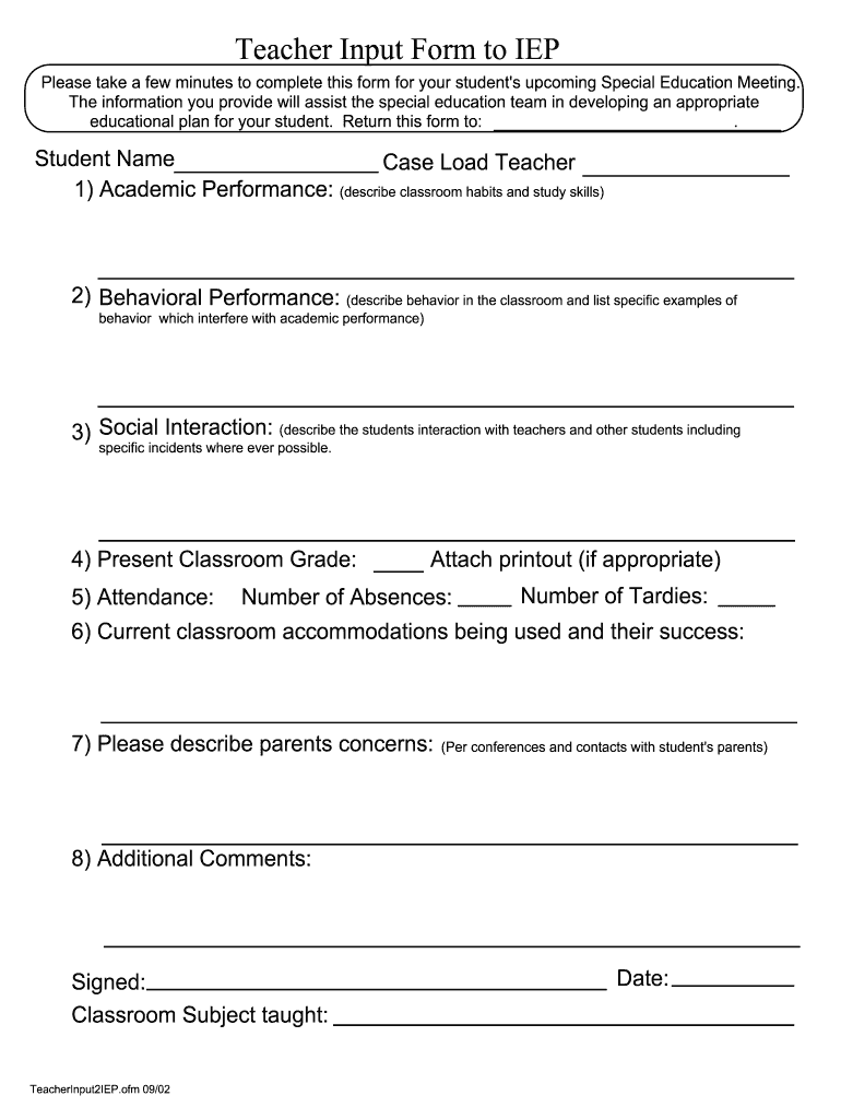  Teacher Input Form for Iep 2002-2024