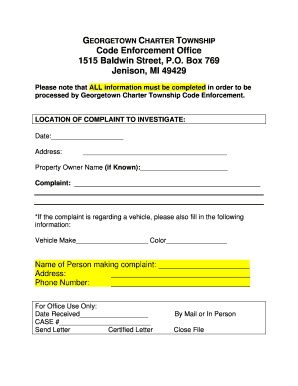 Complaint Form Georgetown Township Georgetown Mi