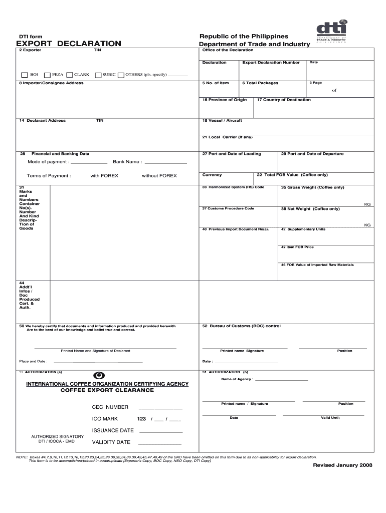  Export Declaration Form Philippines PDF 2008-2024