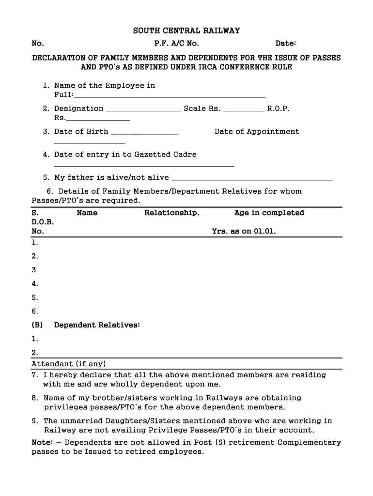  Family Declaration Form for Railway Employees PDF 2012