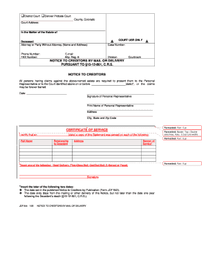 JDF 944 Notice to Creditors by Mail or Delivery with Changes Cobar  Form