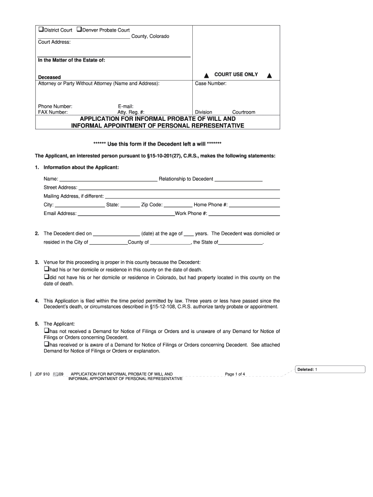  JDF 910 Application for Informal Probate of Will and Informal 2009