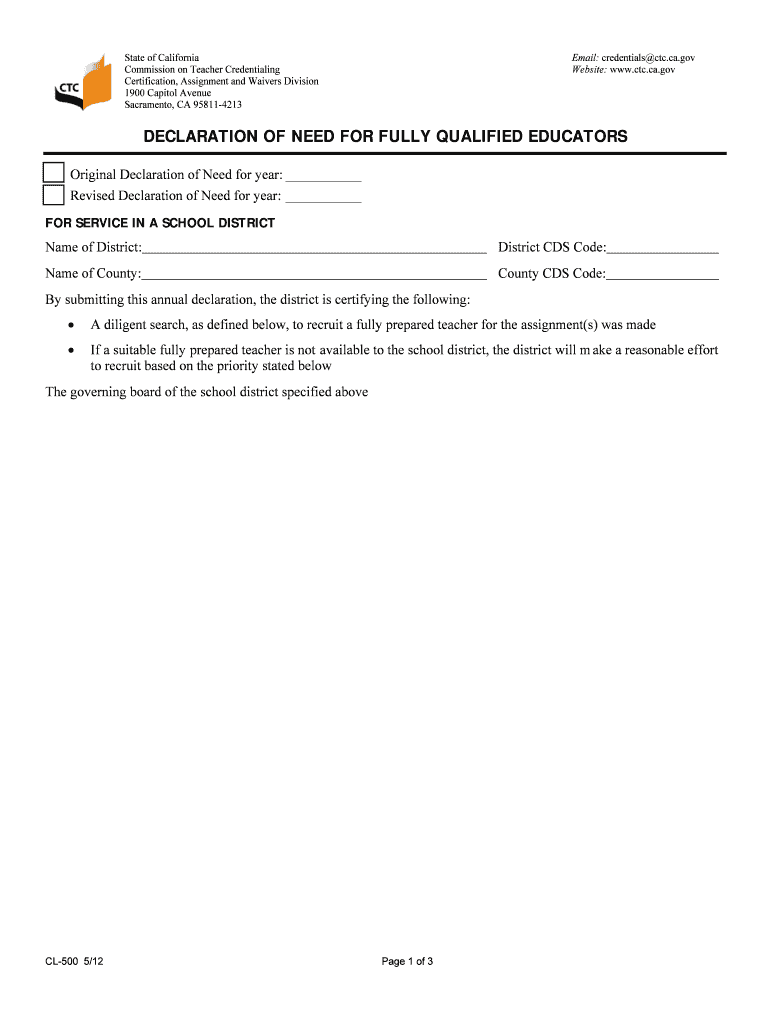  Cl500 Declaration of Need Form 2012