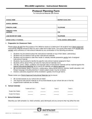 Protocol Planning Form LACOE Williams Settlement Legislation Williams Lacoe