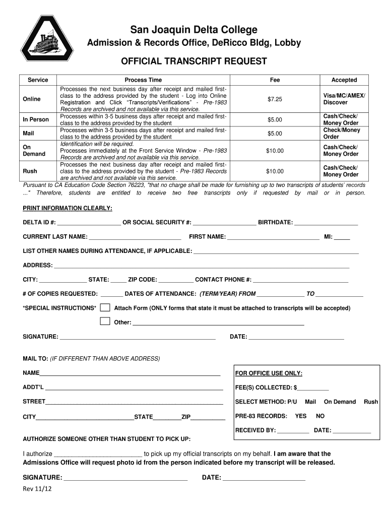  Transcript Request Form  San Joaquin Delta College  Deltacollege 2012-2024