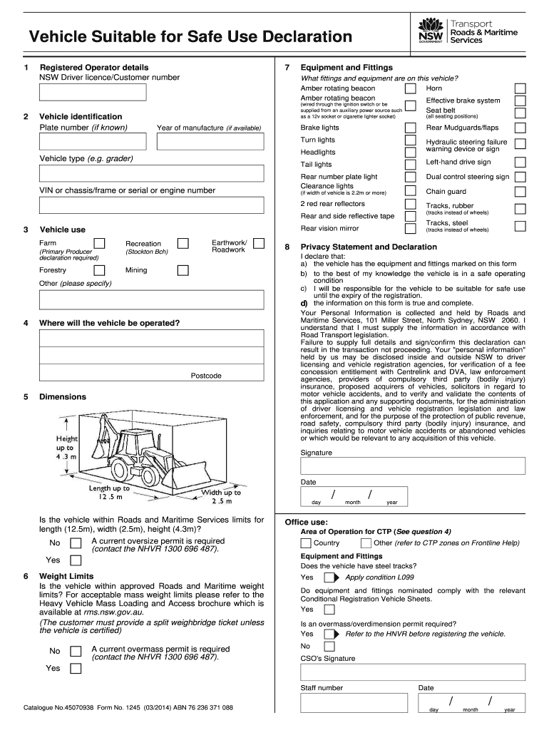  Vehicle Suitable for Safe Use Declaration  Form 2014