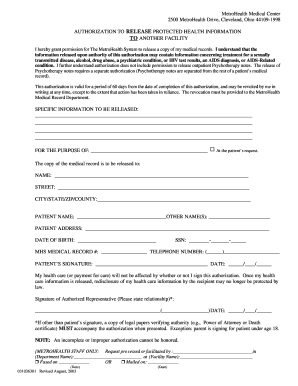  FORM Authorization to Release Protected Health Information to Metrohealth 2003-2024
